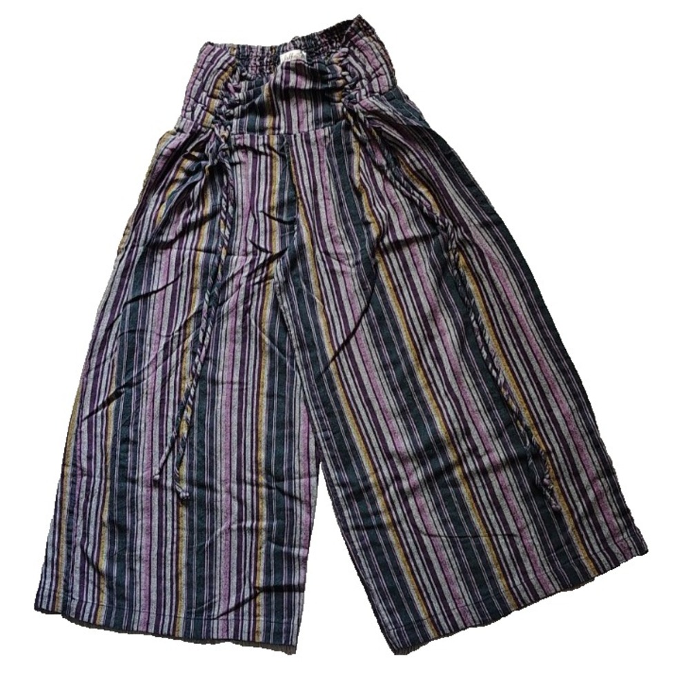 Lakhay Corset Lace-up Crop Pants Wine S/M 100% Cotton Striped Wide Leg
